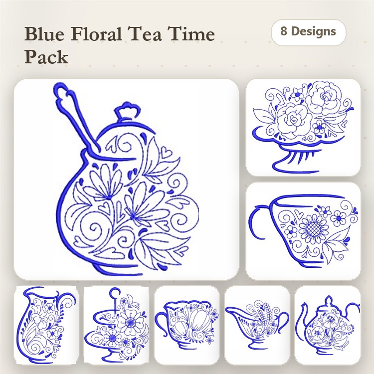 Redwork Floral Teapots and Teacups Embroidery Designs Bundle – Teapot with Flowers, Teacup with Floral Design & More (8 Designs)