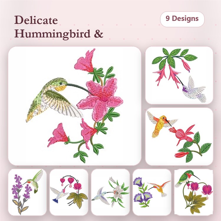 Hummingbird & Flower Embroidery Designs Bundle – Hummingbird with Pink Flowers, Hummingbird on Fuchsia & More (9 Designs)