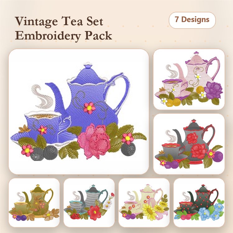 Floral Teapot Embroidery Designs Bundle – Pink Roses, Blue Flowers, Red & More (7 Designs)