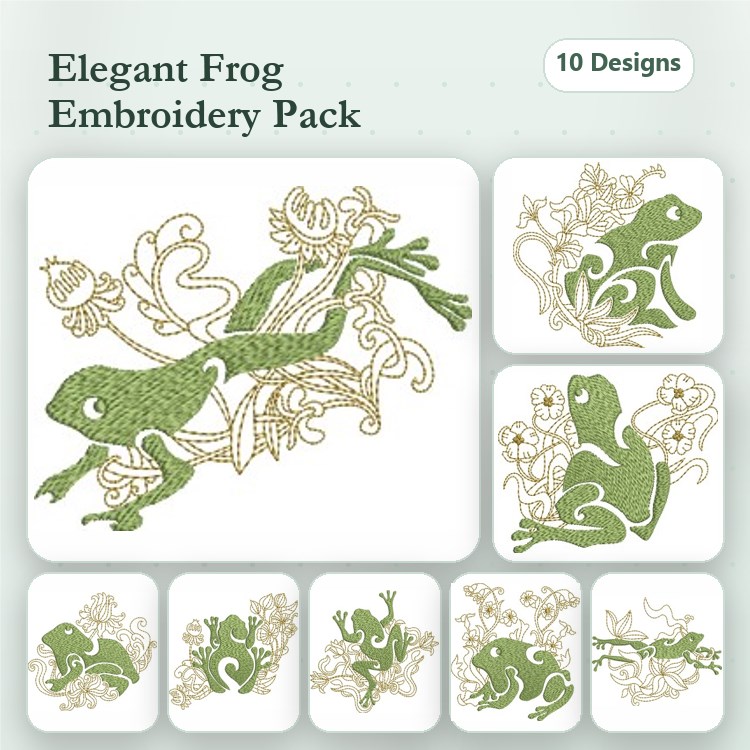 Elegant Frogs Embroidery Designs Bundle – Frog with Floral Embellishments, Leaping Frog with Flowers, & More (10 Designs)