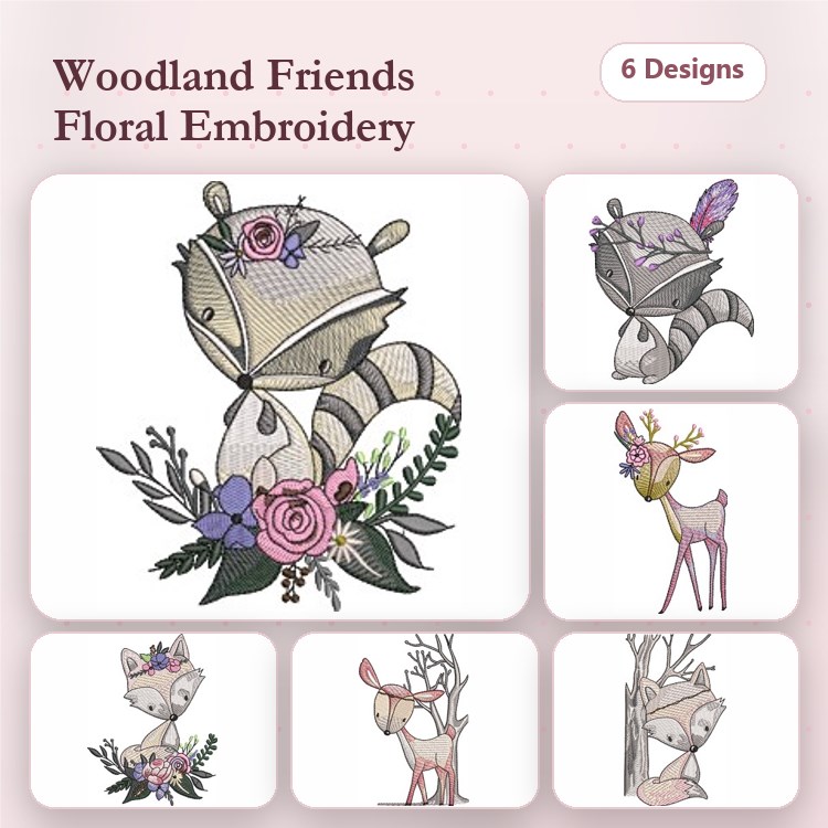 Woodland Animal Embroidery Bundle – Raccoon with Flowers, Deer with Antlers, Fox with Floral Crown & More (6 Designs)