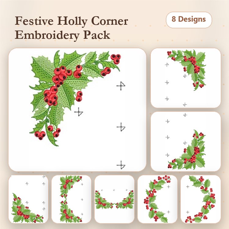 Holly Corner Embroidery Bundle – Holly with Berries (8 Designs)