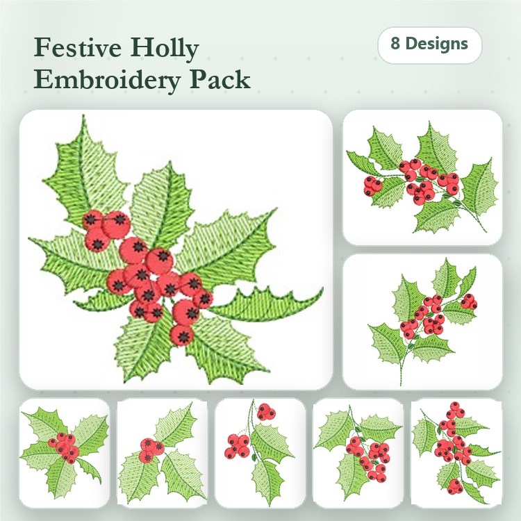 Holly Embroidery Designs Bundle – Holly Branch with Berries, Holly Leaves with Berries & More (8 Designs)