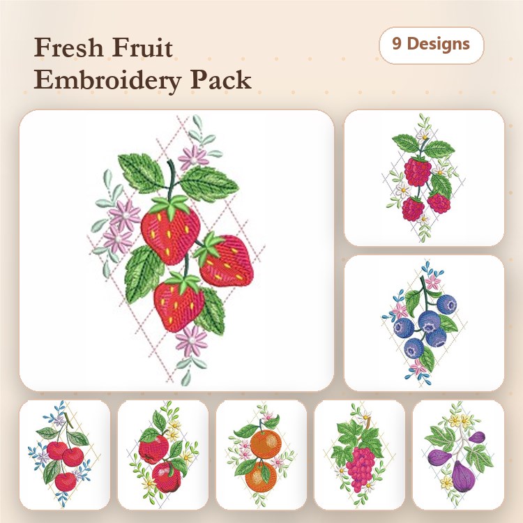 Fresh Fruit Embroidery Designs Bundle – Strawberry Bouquet, Raspberry Cluster, Blueberry Bunch & More (9 Designs)