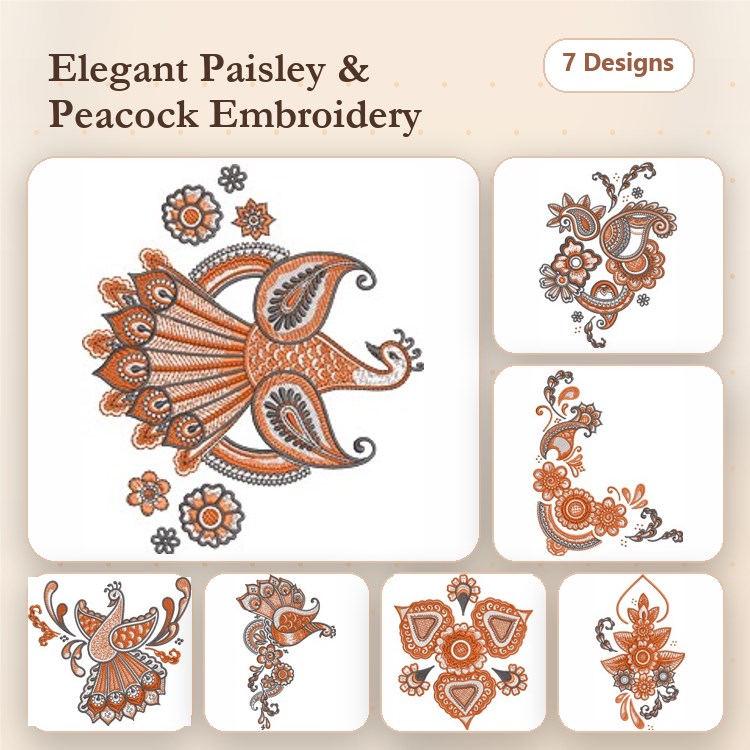 Paisley & Peacock Embroidery Designs Bundle – Paisley Peacock, Floral Paisley, Peacock Feather & More (7 Designs)