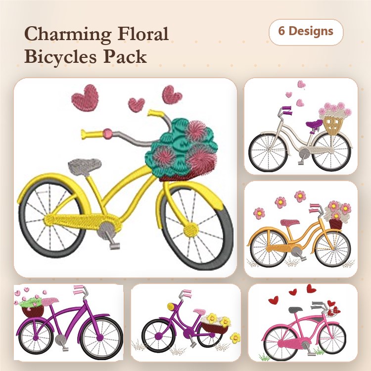 Floral Bicycle Embroidery Designs Bundle – Yellow Bicycle with Flowers, Pink Bicycle with Flowers, & More (6 Designs)