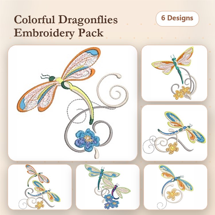 Colorful Dragonflies Embroidery Designs Bundle – Dragonfly with Blue Flower, Decorative Swirl, & More (6 Designs)