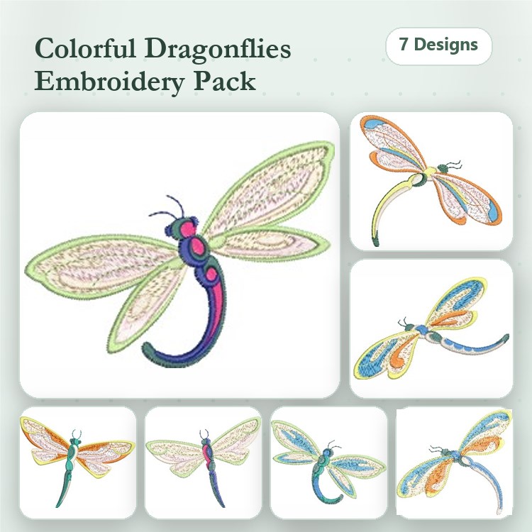 Colorful Dragonfly Embroidery Designs Bundle – Blue Body, Green Wings, Pink Body & More (7 Designs)
