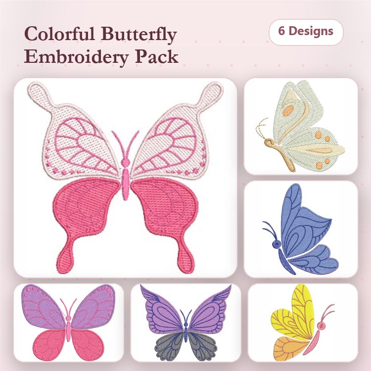 Colorful Butterflies Embroidery Designs Bundle – Pink Lace Butterfly, Yellow Butterfly, Blue Butterfly & More (6 Designs)