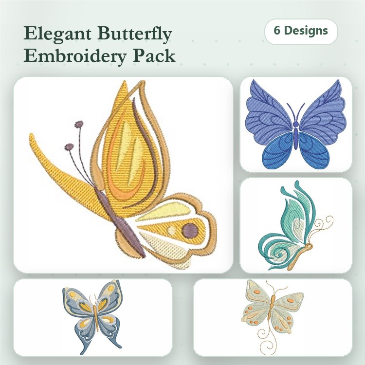 Elegant Butterfly Embroidery Designs Bundle – Yellow Butterfly, Blue Butterfly, Teal Butterfly & More (6 Designs)