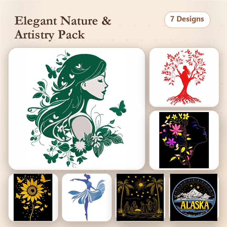 Nature & Artistic Embroidery Bundle – Vintage Woman with Flowers, Tree of Life, Sunflower & More (7 Designs)