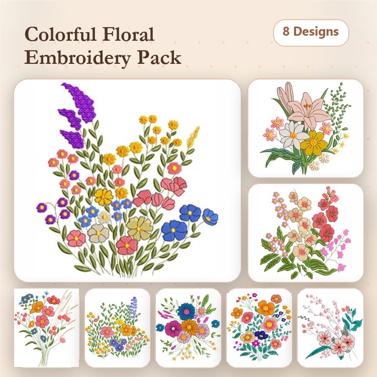 Colorful Floral Arrangements Embroidery Designs Bundle – Floral Bouquet with Lilies, Wildflower Arrangement, & More (8 Designs)