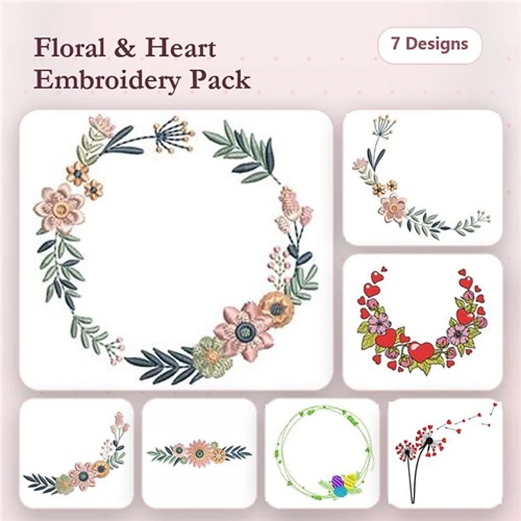 Floral & Heart Embroidery Designs Bundle – Floral Wreath, Heart with Flowers, Flower Circle & More (7 Designs)