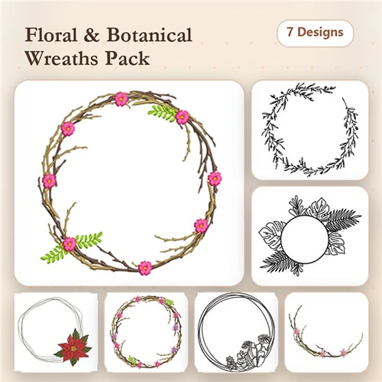 Floral and Botanical Wreaths Embroidery Bundle – Floral Wreath with Pink Flowers, Botanical Wreath with Ferns, & More (7 Designs)