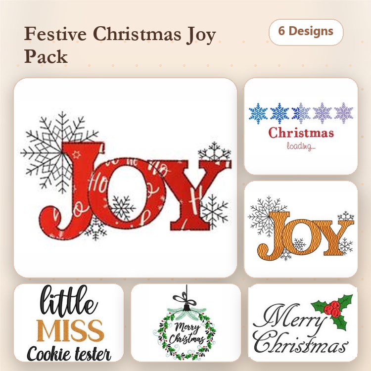 Christmas Joy Embroidery Bundle – Joy with Snowflakes, Little Miss Cookie Tester, Merry Christmas & More (6 Designs)