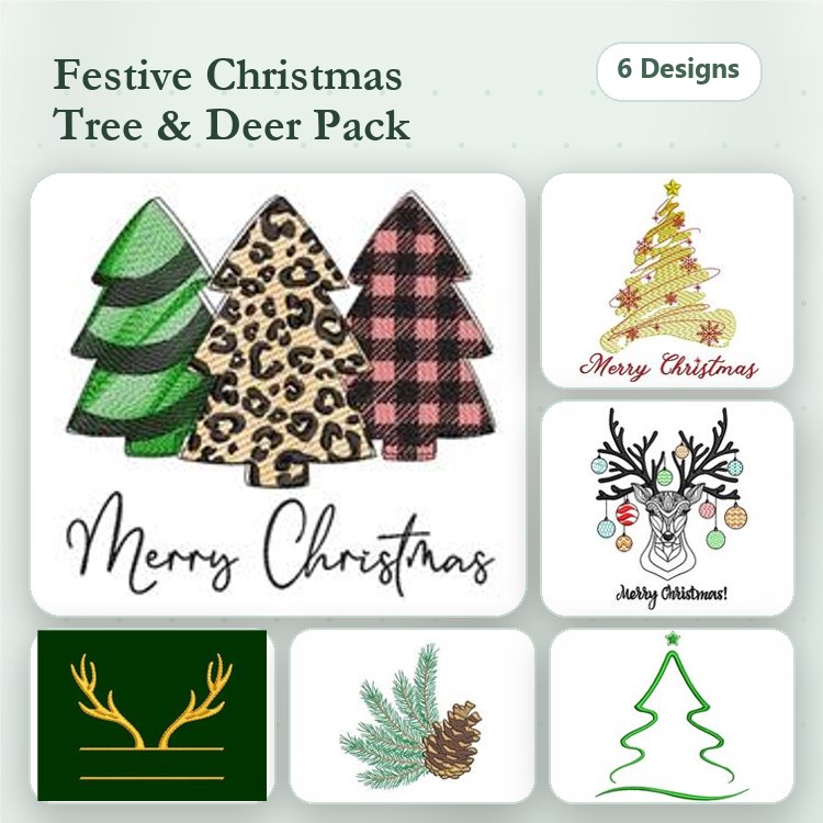Christmas Trees & Deer Embroidery Designs Bundle – Leopard Print Tree, Plaid Tree, Ornament Deer Head & More (6 Designs)