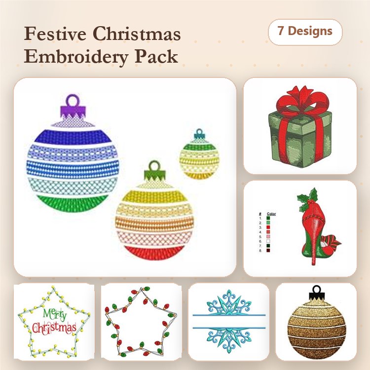 Christmas Ornaments & Gifts Embroidery Designs Bundle – High Heel Shoe, Gift Box, Merry Christmas & More (7 Designs)