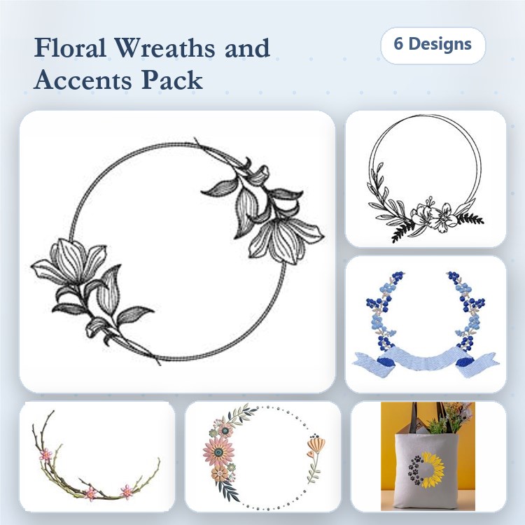 Redwork Floral Wreaths Embroidery Designs Bundle – Floral Wreath with Lilies, Blue Floral Wreath, Flower Wreath with Daisies & More (6 Designs)