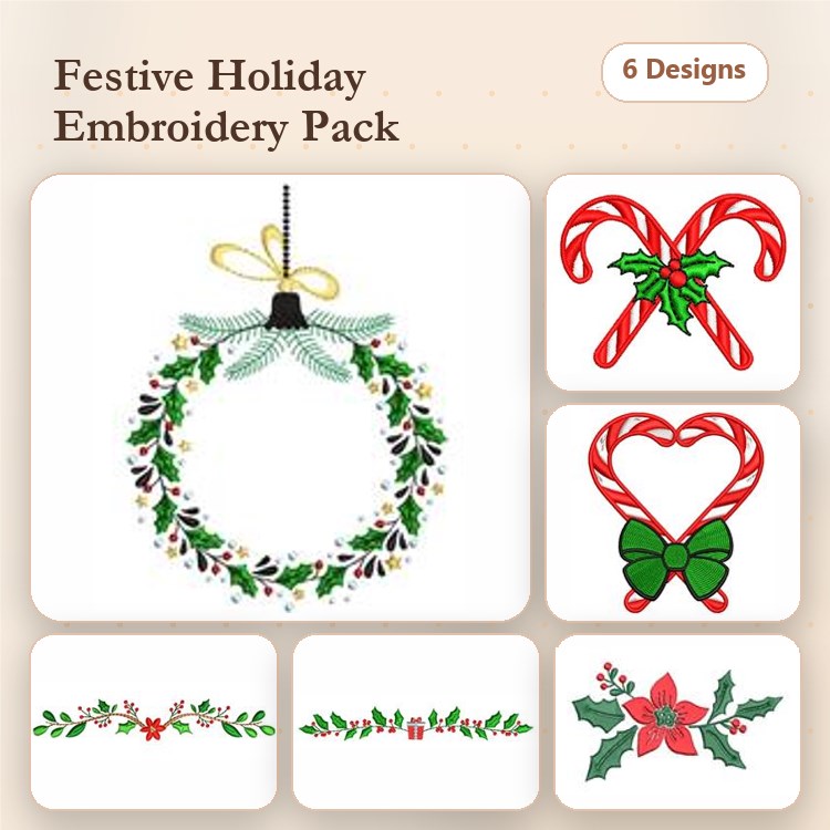 Festive Holiday Embroidery Designs Bundle – Holiday Wreath, Candy Cane Heart, Poinsettia & More (6 Designs)