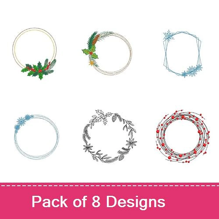 Floral Wreaths Embroidery Designs Bundle – Holly, Snowflake, Leaf, Berries & More (8 Designs)