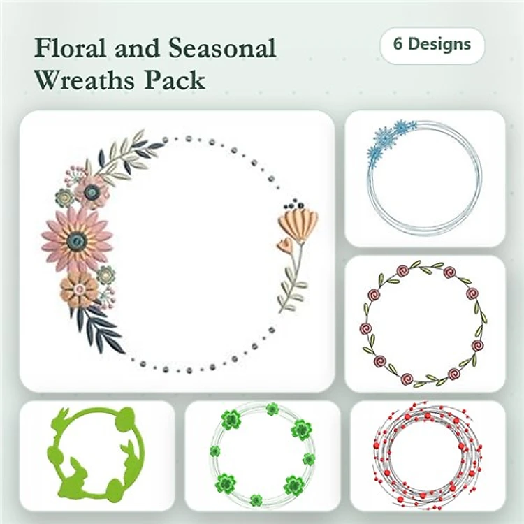 Floral Wreath Embroidery Designs Bundle – Pink Flowers, Green Leafy Wreath, Blue Floral Ring & More (6 Designs)