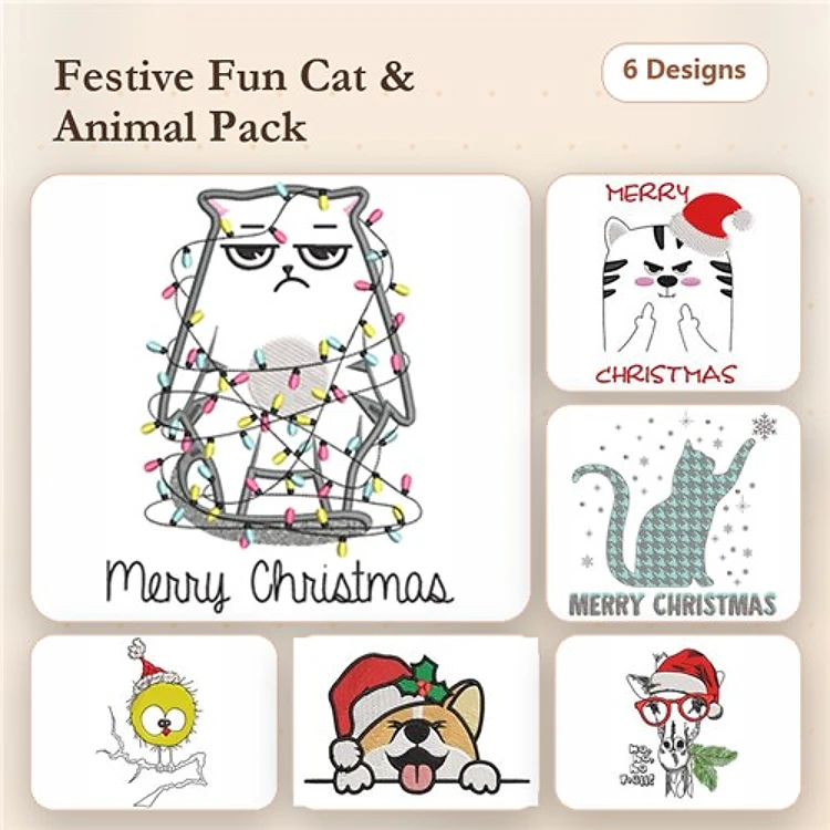 Festive Cats & Dogs Embroidery Designs Bundle – Cat with Christmas Lights, Merry Christmas Cat, & More (6 Designs)