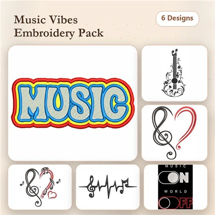 Music-Themed Embroidery Designs Bundle – Music Text, Saxophone, Treble Clef with Heart & More (6 Designs)