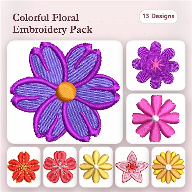 Colorful Floral Embroidery Designs Bundle – Purple Daisy, Pink Flower, Red Flower & More (13 Designs)
