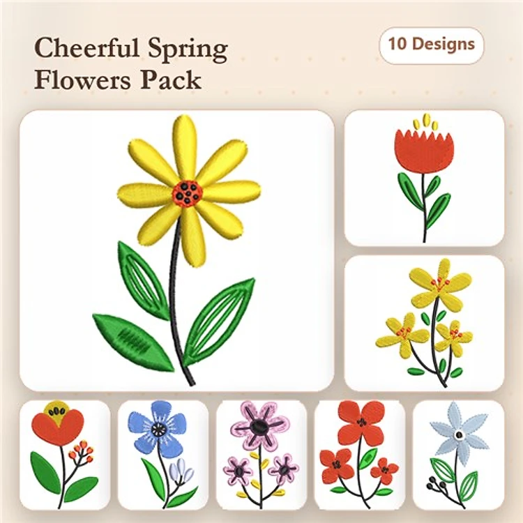Spring Flower Embroidery Designs Bundle – Yellow Flower, Red Flower, Blue Flower, Pink Flower & More (10 Designs)