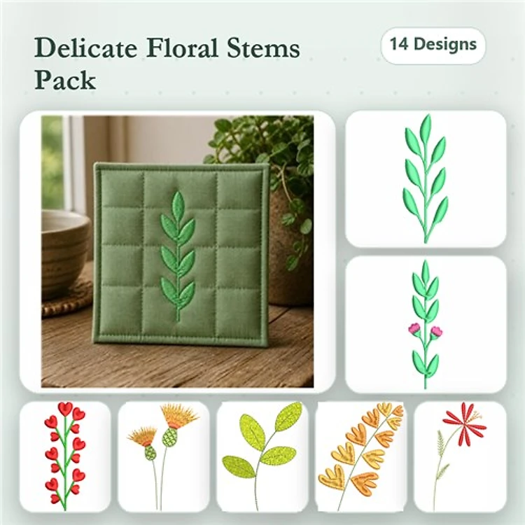Floral Stems Embroidery Designs Bundle – Red Floral Stem, Orange Floral Stem, Flower with Stem & More (14 Designs)
