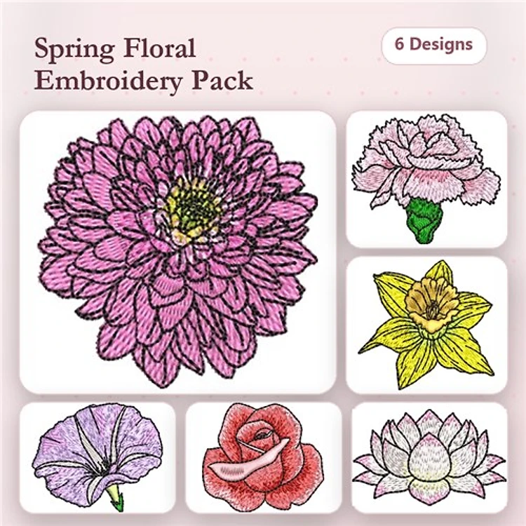Spring Floral Embroidery Designs Bundle – Pink Dahlia, Yellow Daffodil, Purple Petunia & More (6 Designs)