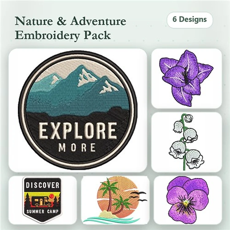 Nature and Adventure Embroidery Designs Bundle – Mountain Badge, Purple Flower, Cotton Plant & More (6 Designs)
