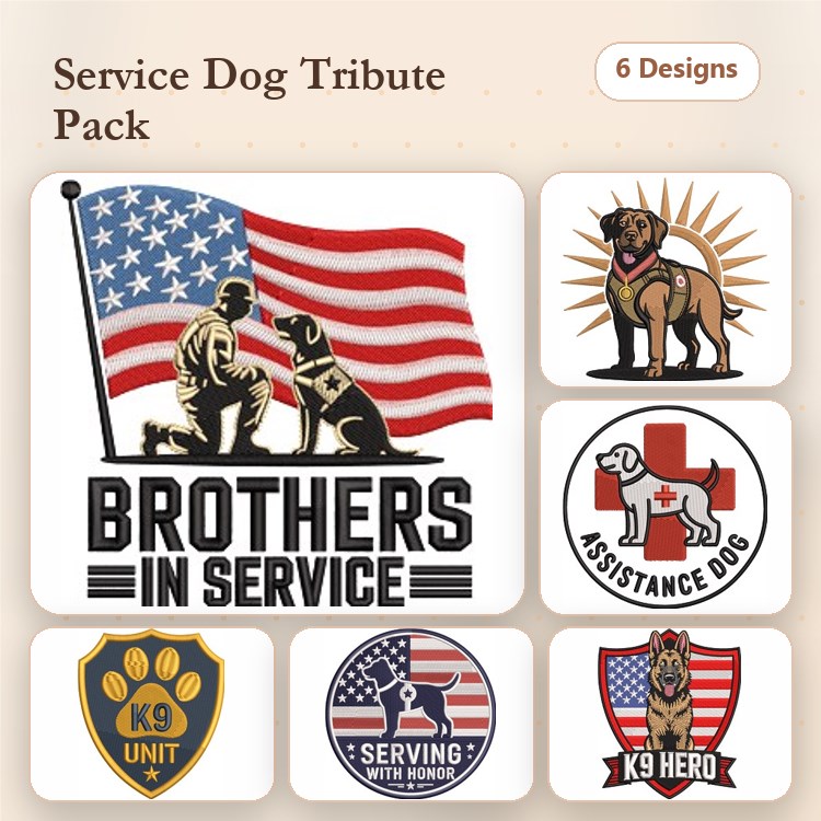 Service Dog Tribute Embroidery Designs Bundle – Brothers in Service, K9 Unit Badge, Serving with Honor & More (6 Designs)