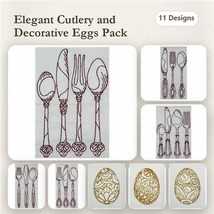 Redwork Cutlery & Decorative Eggs Embroidery Designs Bundle – Elegant Fork, Knife, Spoon & More (11 Designs)