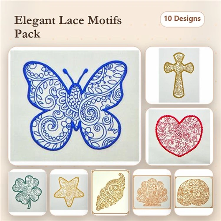 FSL Elegant Lace Embroidery Designs Bundle – Butterfly Lace, Cross Lace, Heart Lace & More (10 Designs)