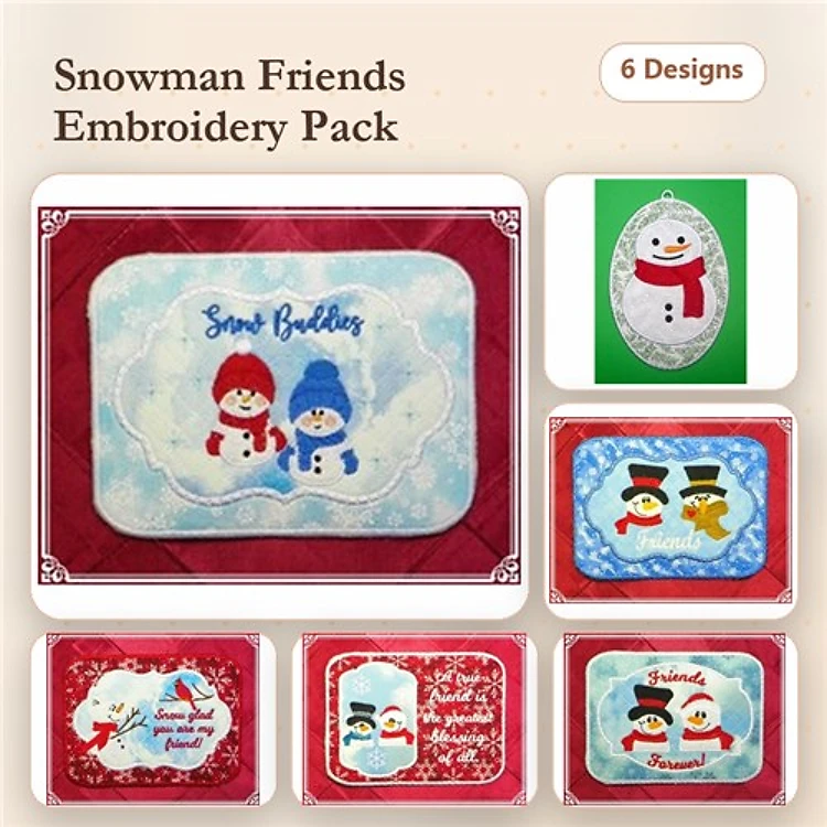 Snowman Embroidery Bundle – Snowman with Red Scarf, Snowman with Blue Scarf, Snowman Friends with Snowflakes & More (6 Designs)