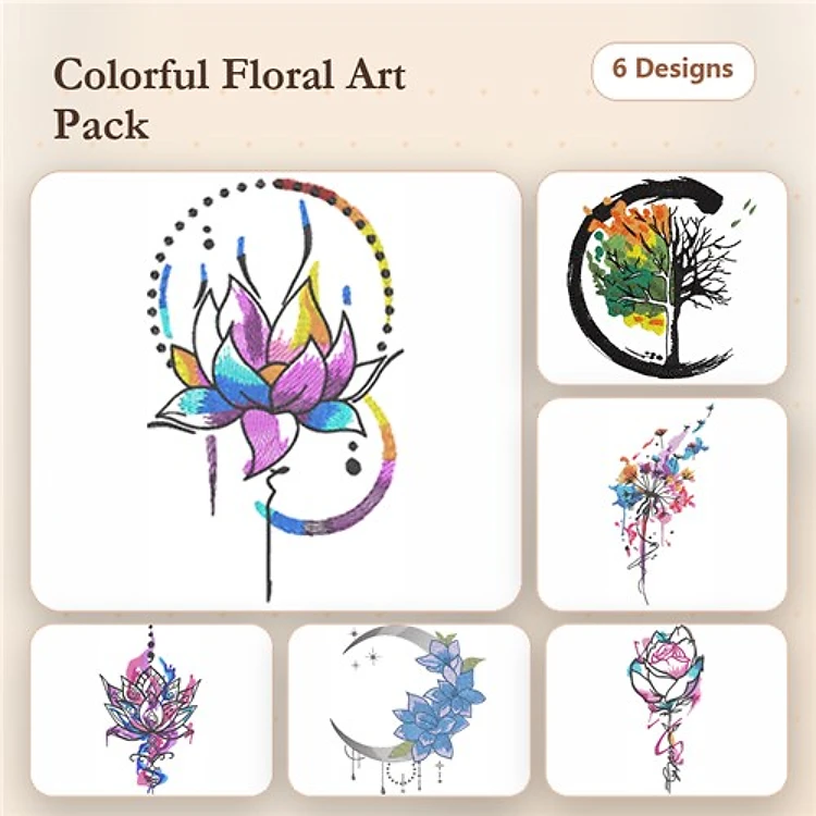 Colorful Floral Art Embroidery Designs Bundle – Lotus Flower, Abstract Tree, Floral Elements & More (6 Designs)