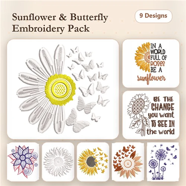 Sunflower & Butterfly Embroidery Designs Bundle – Sunflower with Yellow Center, Butterfly Cluster, Inspirational Quote & More (9 Designs)