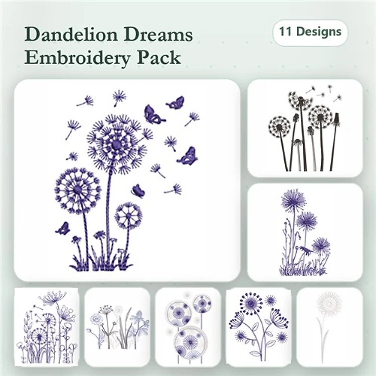 Dandelion & Butterfly Embroidery Bundle – Dandelion Cluster with Butterflies, Dandelion Fairy, & More (11 Designs)