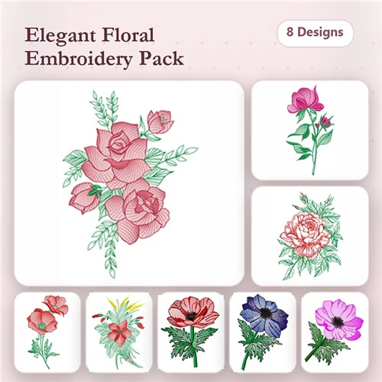 Floral Embroidery Designs Bundle – Rose Bouquet, Single Rose, Peony & More (8 Designs)