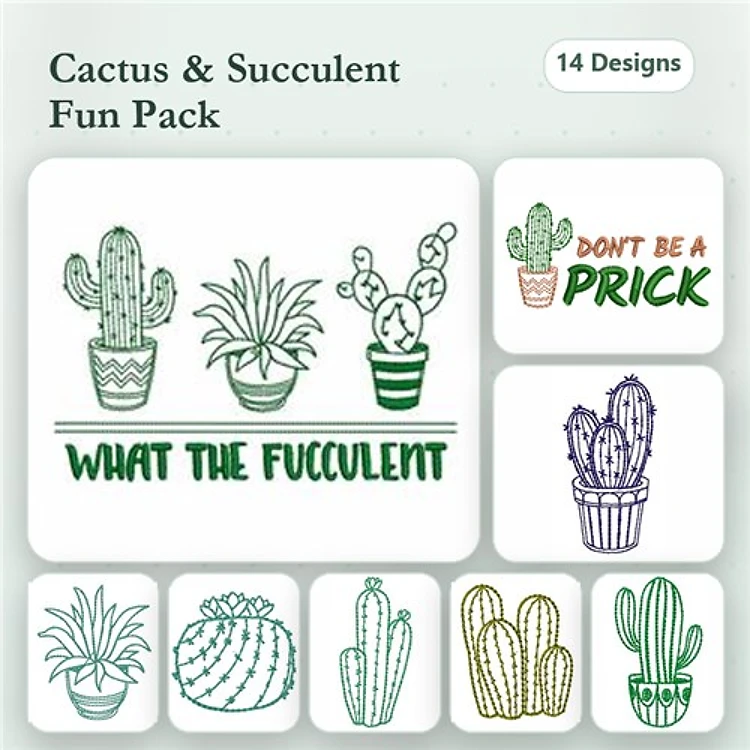 Cactus & Succulent Embroidery Designs Bundle – Cactus in Pot, Don’t Be a Prick, Tall Cactus & More (14 Designs)