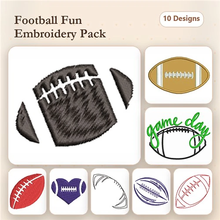 Football-themed Embroidery Bundle – Football, Game Day Text, Heart Football & More (10 Designs)