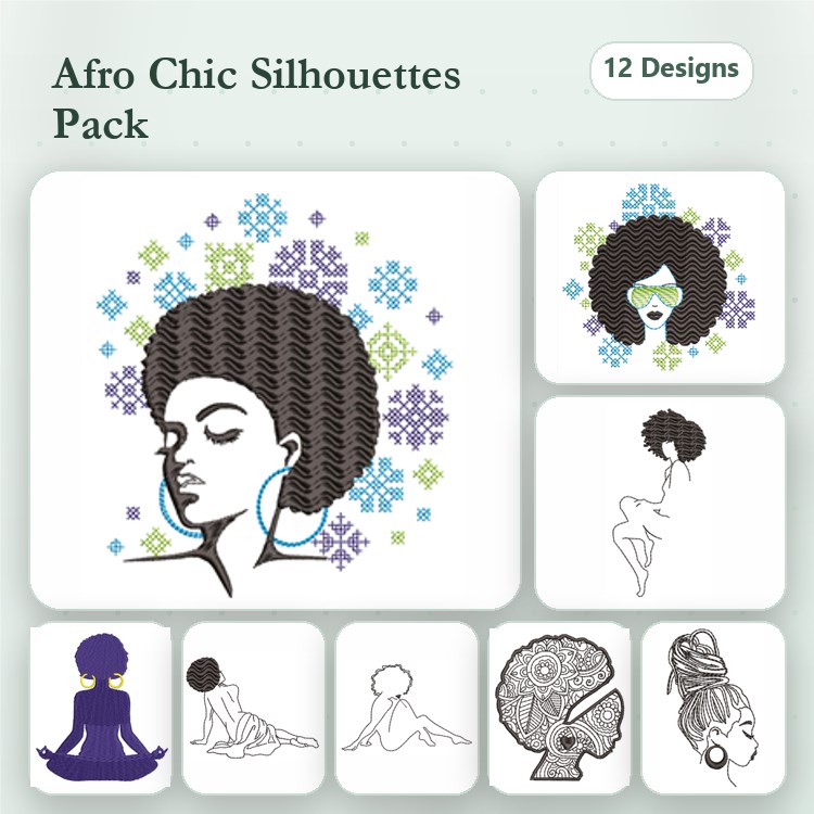 Afro Chic Silhouettes Embroidery Designs Bundle – Afro Woman with Sunglasses, Meditating Woman, Woman with Flowers & More (12 Designs)