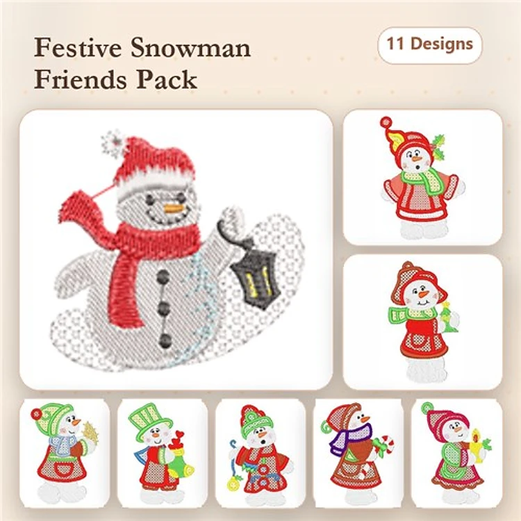 Festive Snowman & Snowgirl Embroidery Designs Bundle – Snowman with Lantern, Snowgirl in Red Dress, & More (11 Designs)