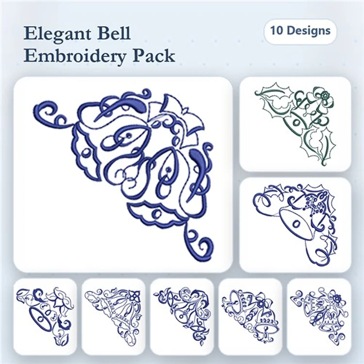 Redwork Elegant Decorative Bell Embroidery Bundle – Bell with Swirls, Ornate Bell, Floral Bell & More (10 Designs)