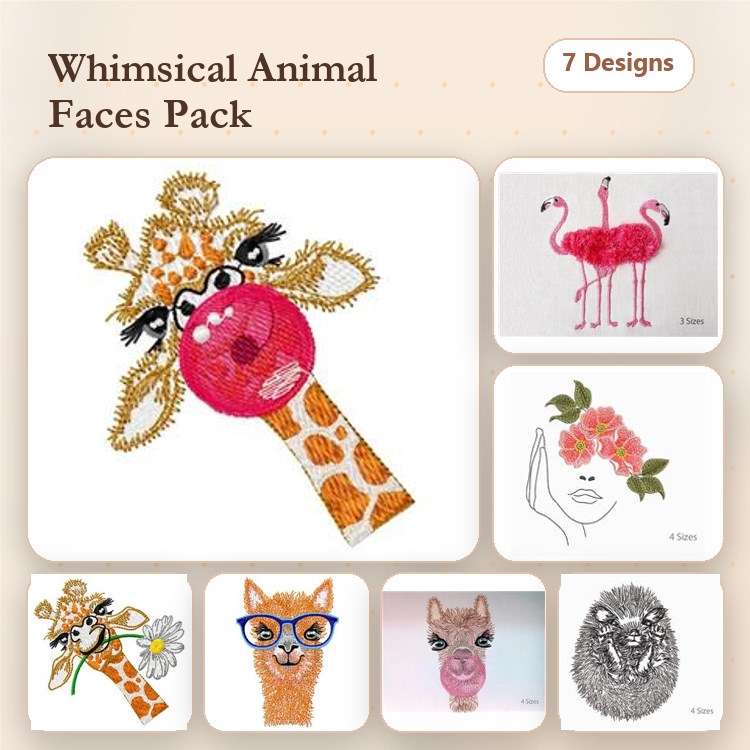 Standard Whimsical Animal Faces Embroidery Designs Bundle – Giraffe, Flamingo, Llama, Pig & More (7 Designs)