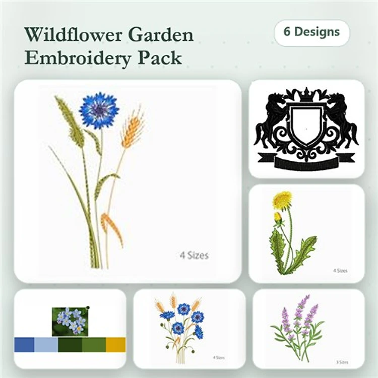 Wildflower Garden Embroidery Designs Bundle – Blue Cornflower, Dandelion, Wildflower Bouquet & More (6 Designs)