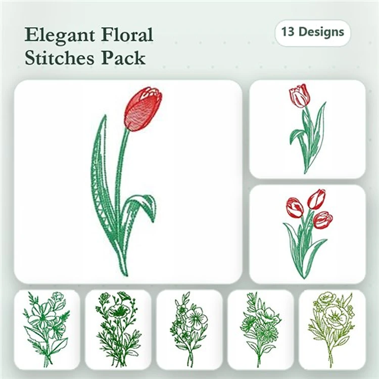 Floral Embroidery Bundle – Red Tulip, Tulip Bouquet, Wildflower Arrangement & More (13 Designs)