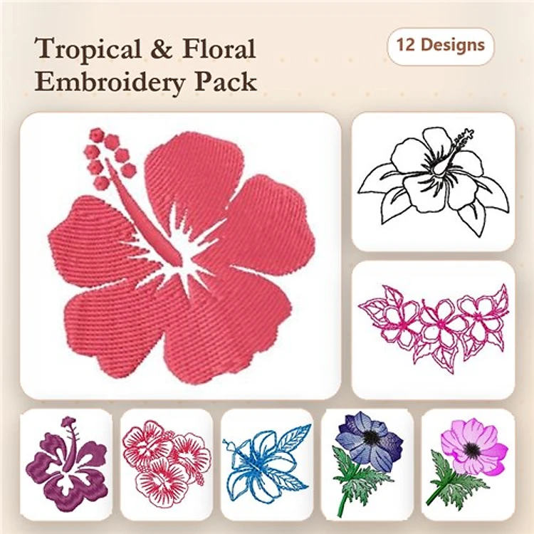 Tropical Floral Embroidery Designs Bundle – Hibiscus Flower, Floral Border, Pink Floral & More (12 Designs)