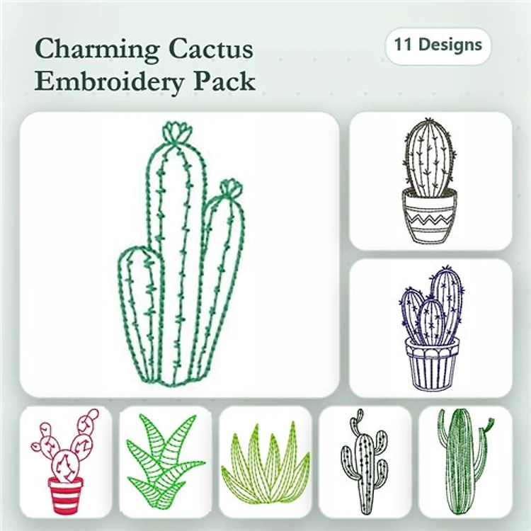 Redwork Cactus Embroidery Bundle – Cactus in Pot with Flowers, Tall Cactus, Short Cactus & More (11 Designs)
